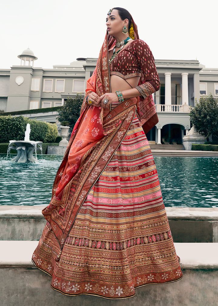 Brown & Red Embroidered Banarasi Silk Lehenga Choli – Perfect for Weddings