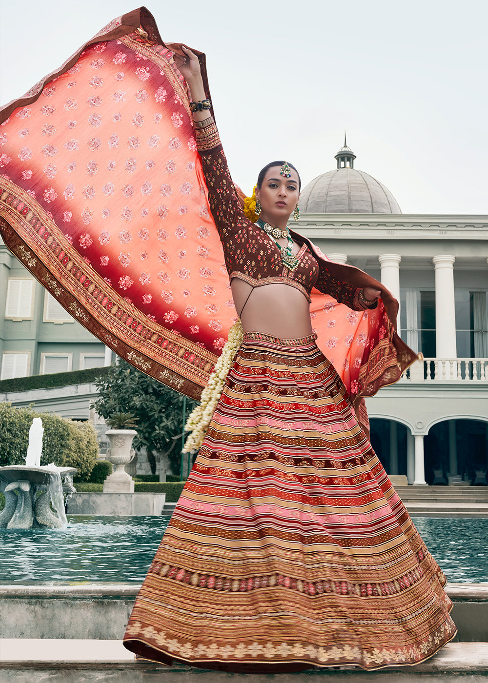 Brown & Red Embroidered Banarasi Silk Lehenga Choli – Perfect for Weddings