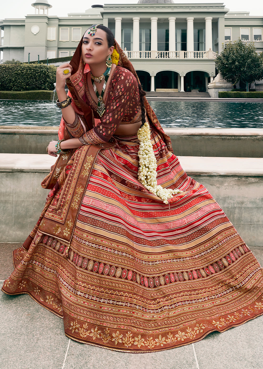 Brown & Red Embroidered Banarasi Silk Lehenga Choli – Perfect for Weddings