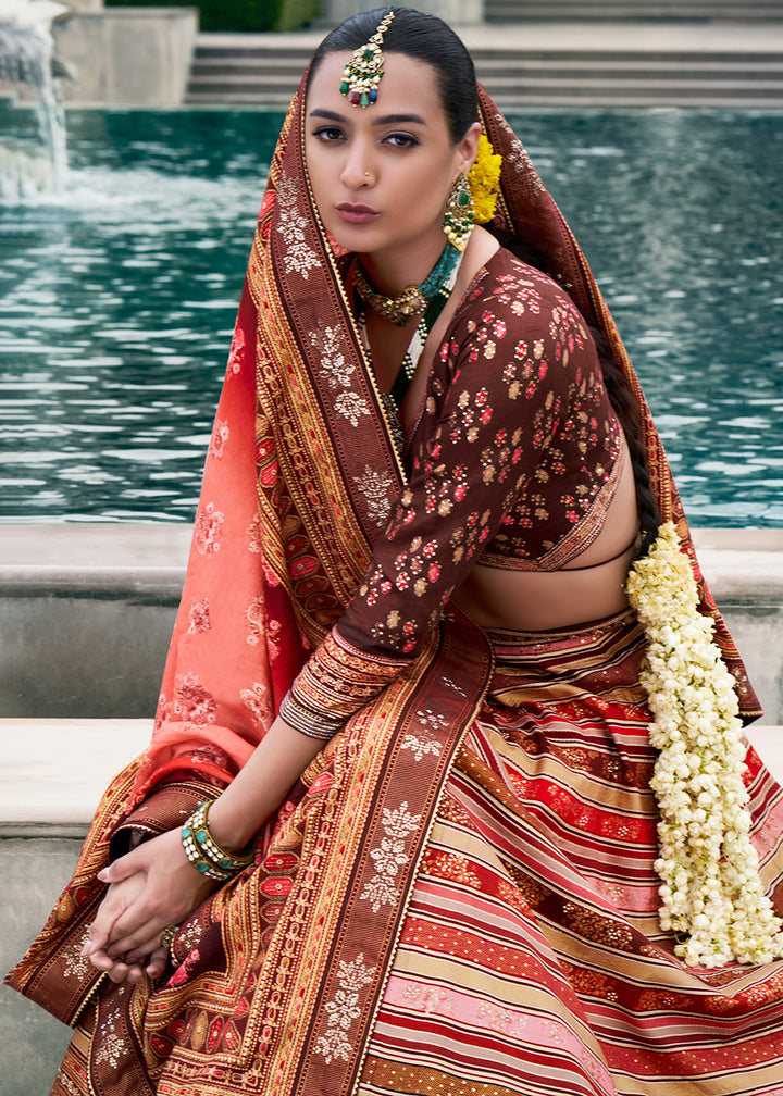 Brown & Red Embroidered Banarasi Silk Lehenga Choli – Perfect for Weddings