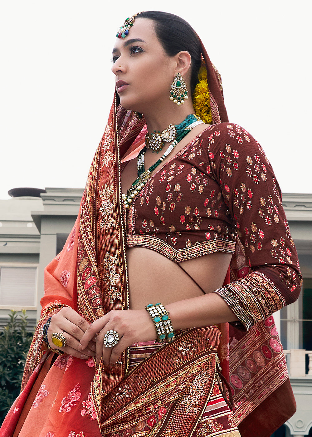 Brown & Red Embroidered Banarasi Silk Lehenga Choli – Perfect for Weddings