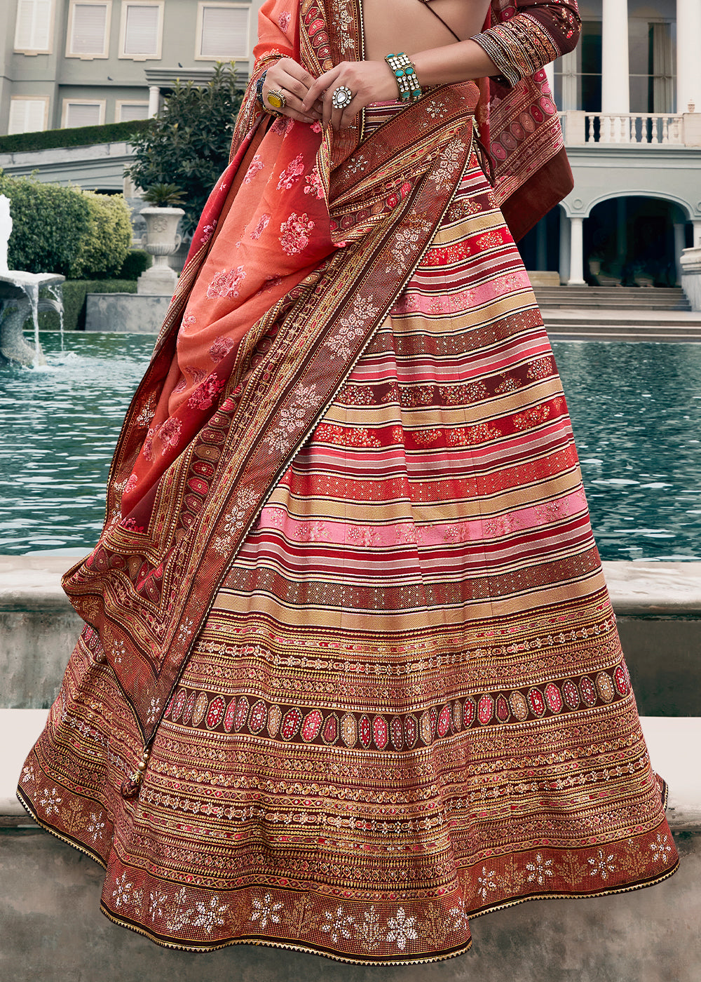 Brown & Red Embroidered Banarasi Silk Lehenga Choli – Perfect for Weddings