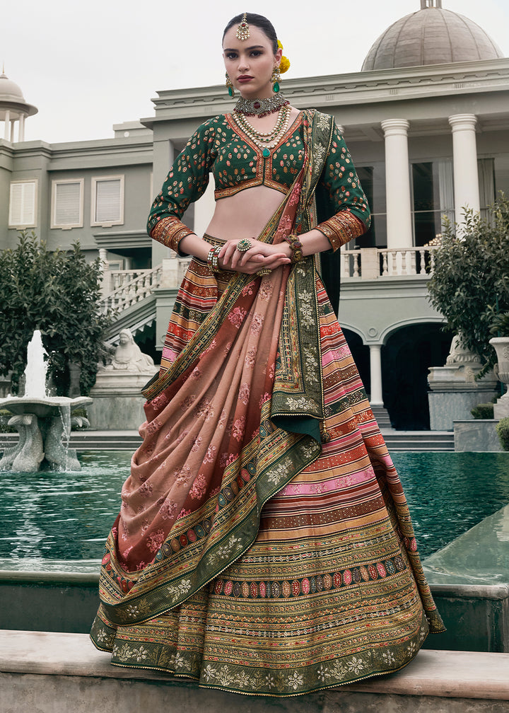 Green & Pink Embroidered Banarasi Silk Lehenga Choli – Perfect for Weddings