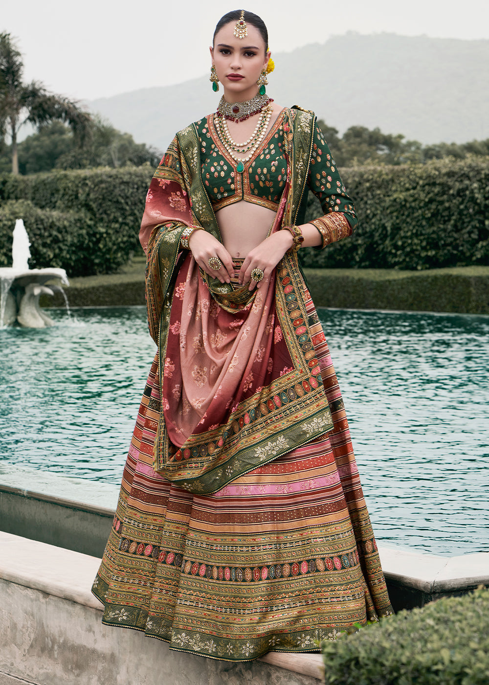 Green & Pink Embroidered Banarasi Silk Lehenga Choli – Perfect for Weddings