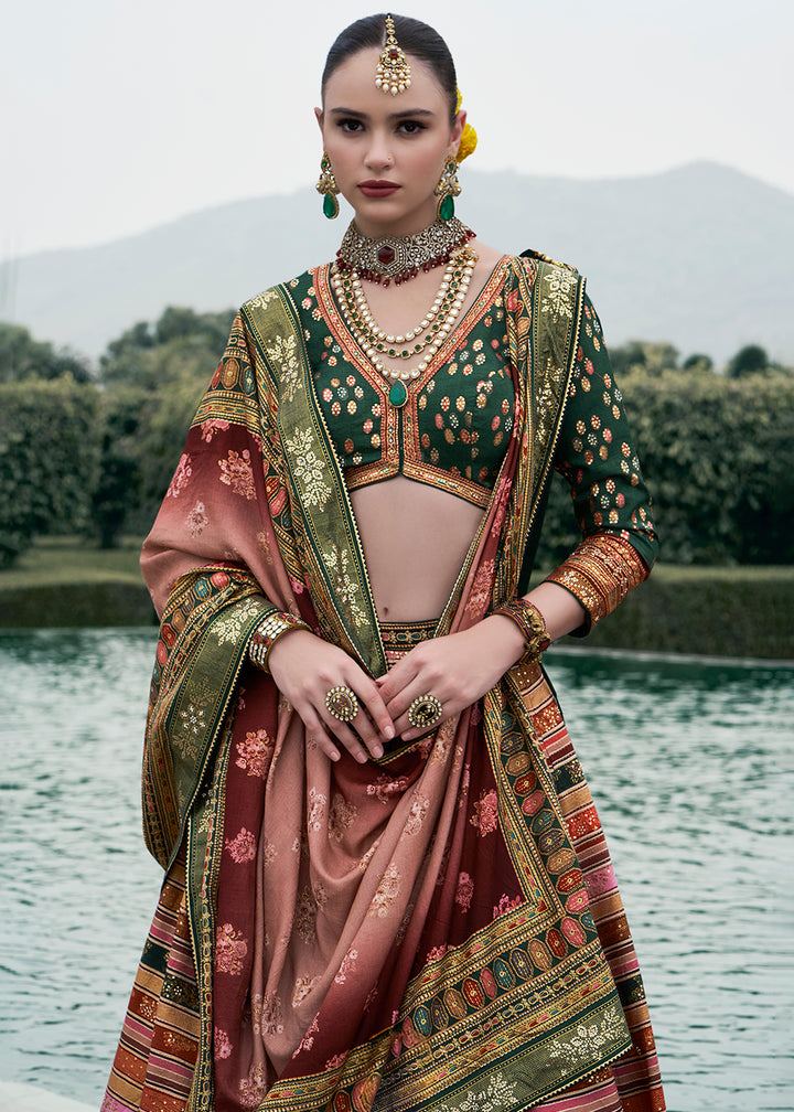 Green & Pink Embroidered Banarasi Silk Lehenga Choli – Perfect for Weddings