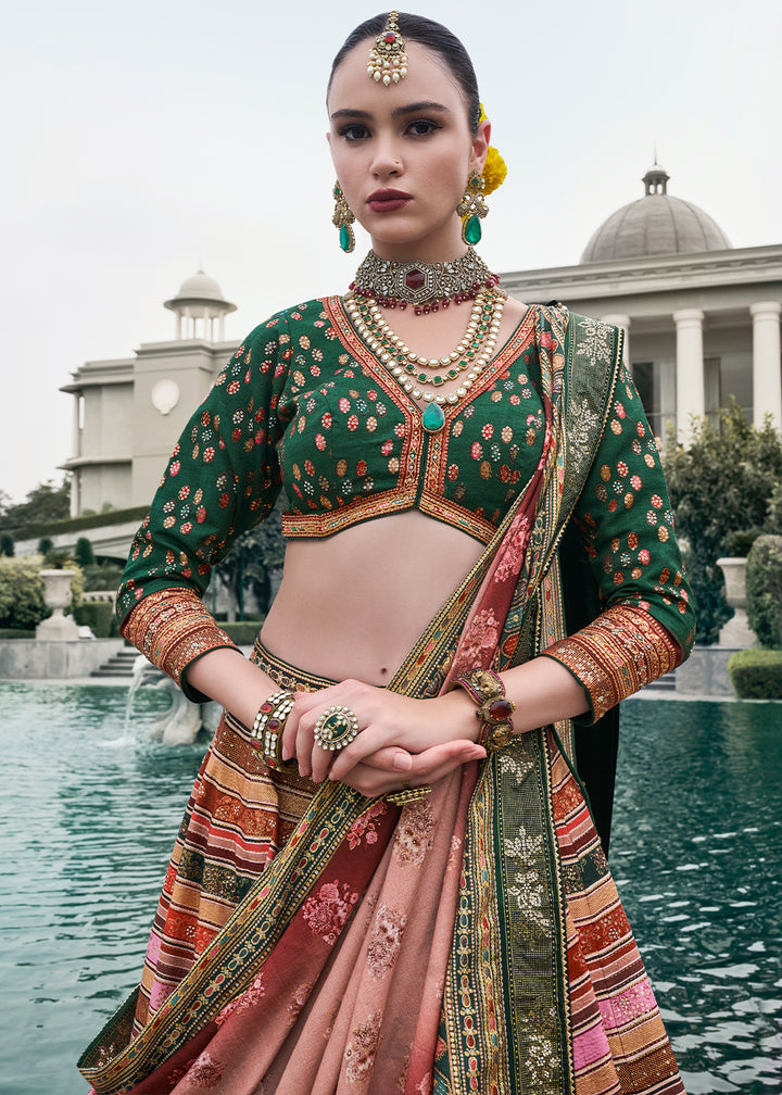 Green & Pink Embroidered Banarasi Silk Lehenga Choli – Perfect for Weddings