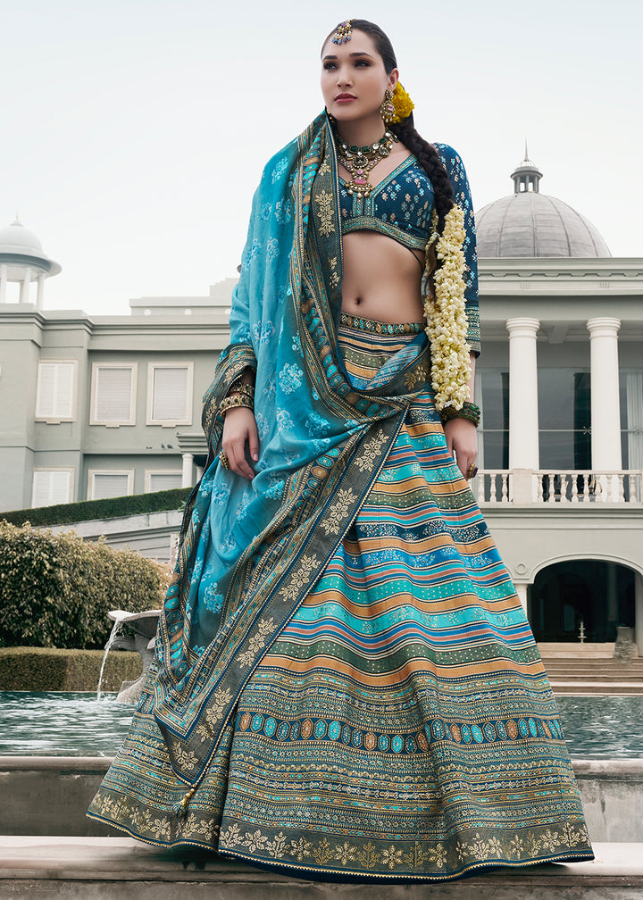 Shades of Blue Embroidered Banarasi Silk Lehenga Choli – Perfect for Weddings