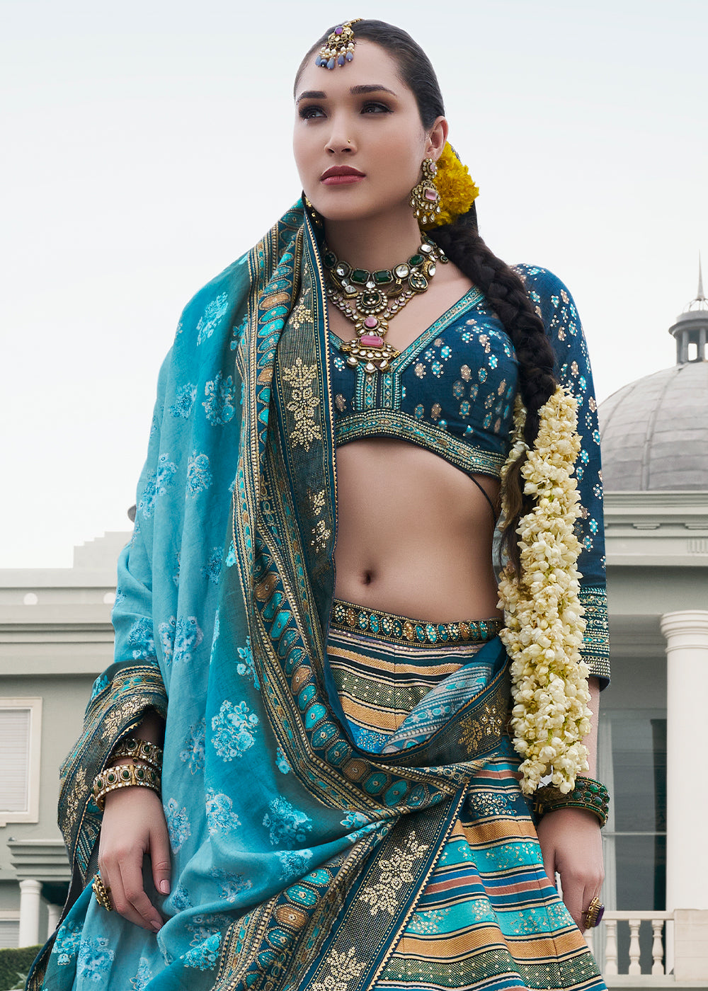 Shades of Blue Embroidered Banarasi Silk Lehenga Choli – Perfect for Weddings