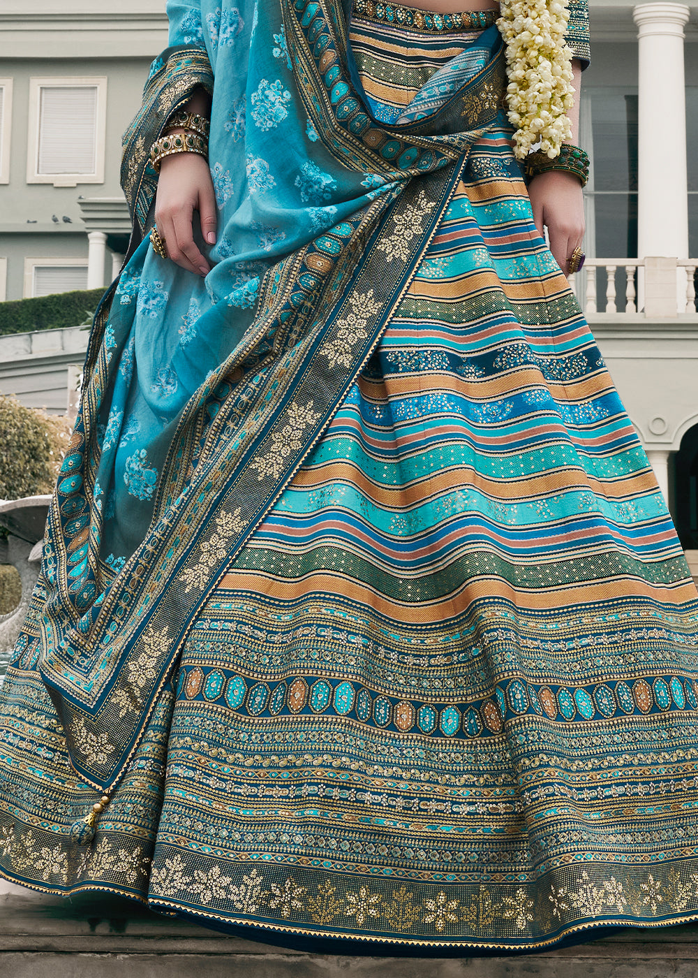 Shades of Blue Embroidered Banarasi Silk Lehenga Choli – Perfect for Weddings