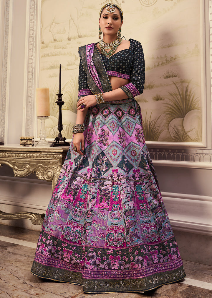 White & Purple Intricate Embroidered Lehenga Choli in Banarasi Silk – Bridal Wear