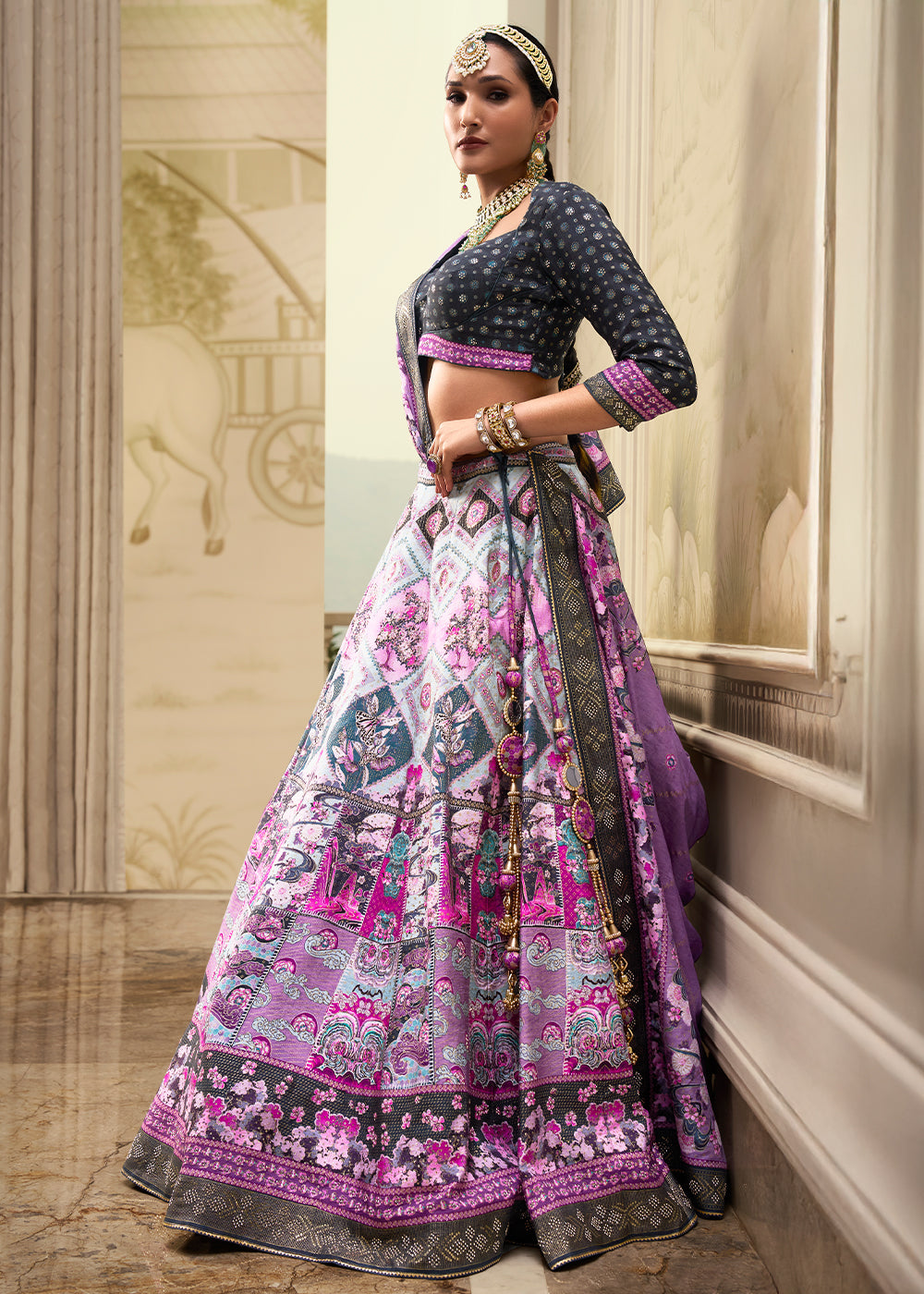 White & Purple Intricate Embroidered Lehenga Choli in Banarasi Silk – Bridal Wear