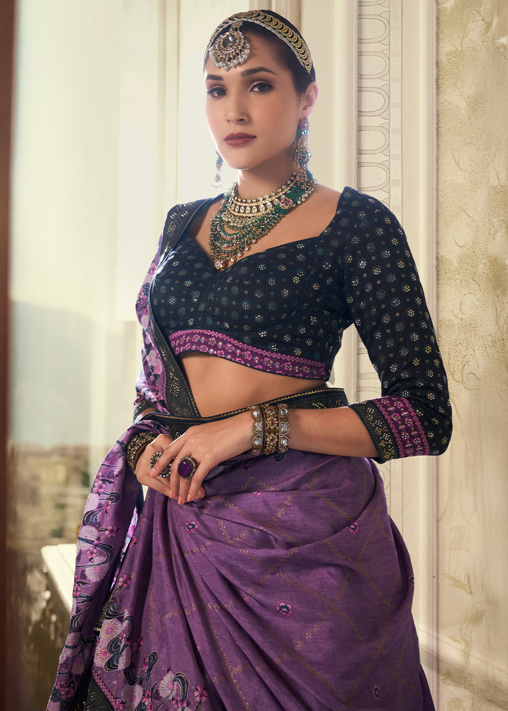 White & Purple Intricate Embroidered Lehenga Choli in Banarasi Silk – Bridal Wear