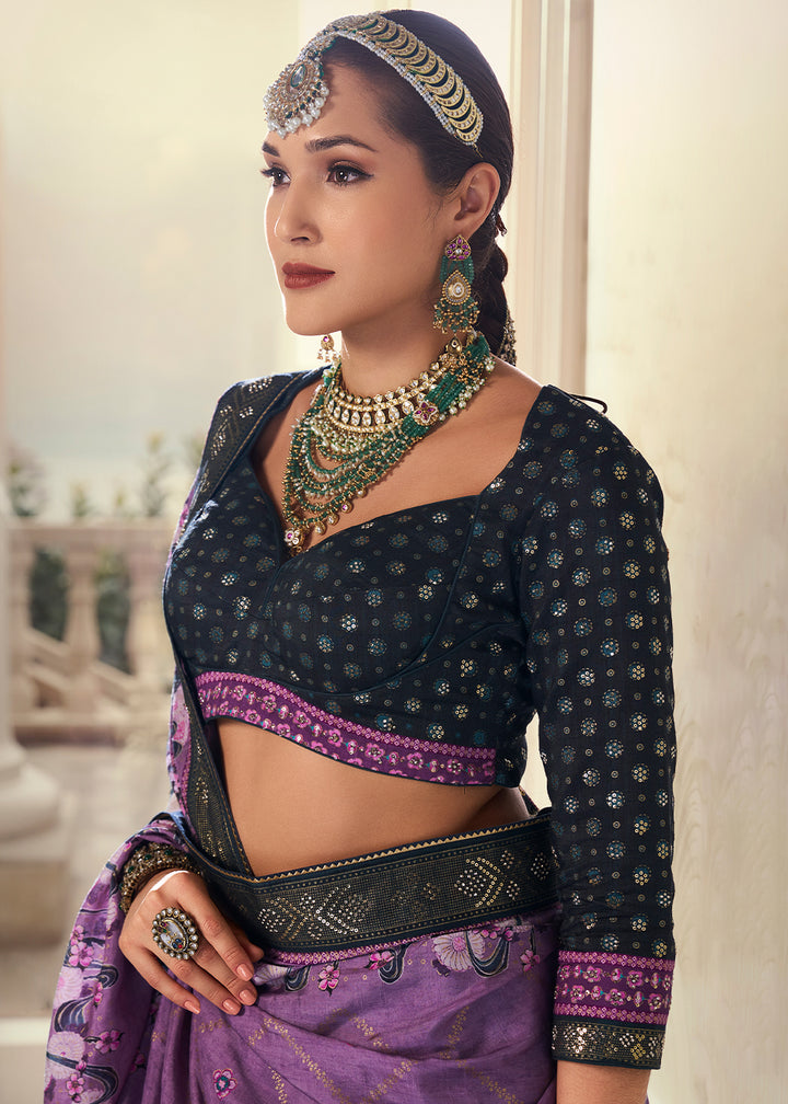 White & Purple Intricate Embroidered Lehenga Choli in Banarasi Silk – Bridal Wear