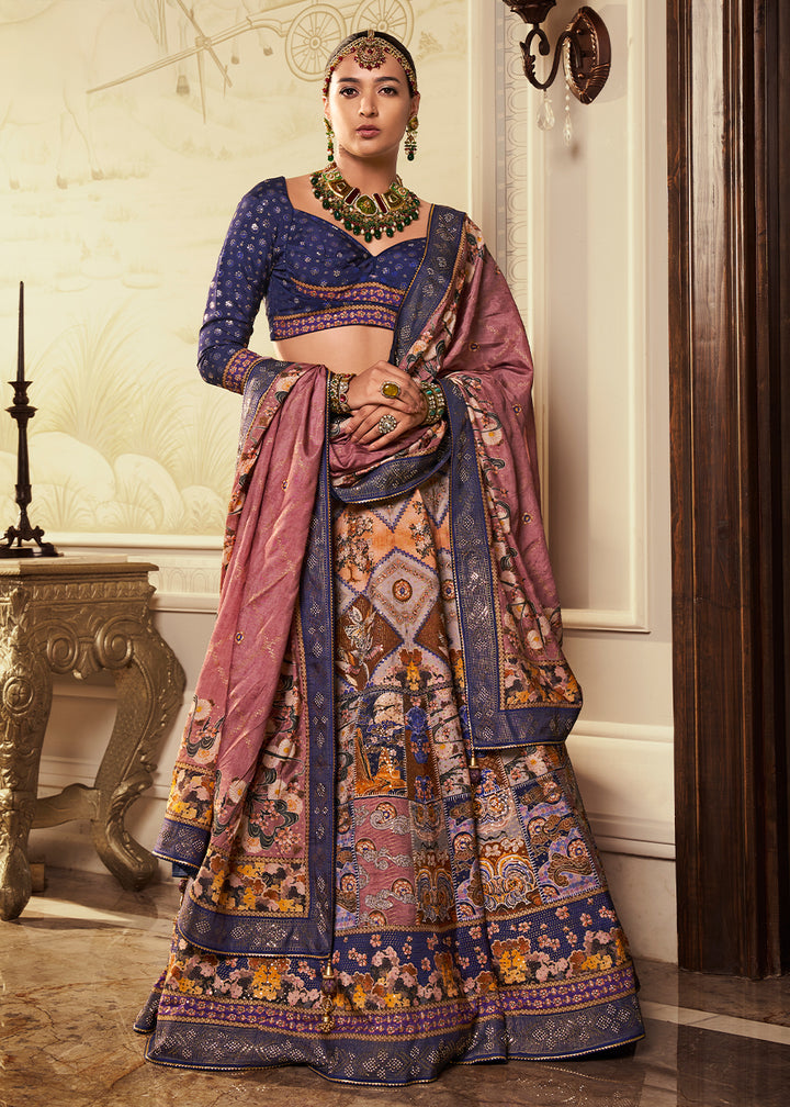 Purple & Blue Intricate Embroidered Lehenga Choli in Banarasi Silk – Bridal Wear