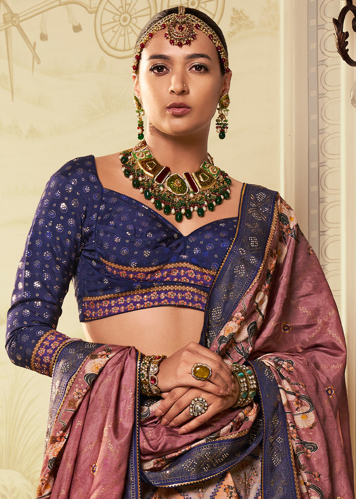 Purple & Blue Intricate Embroidered Lehenga Choli in Banarasi Silk – Bridal Wear