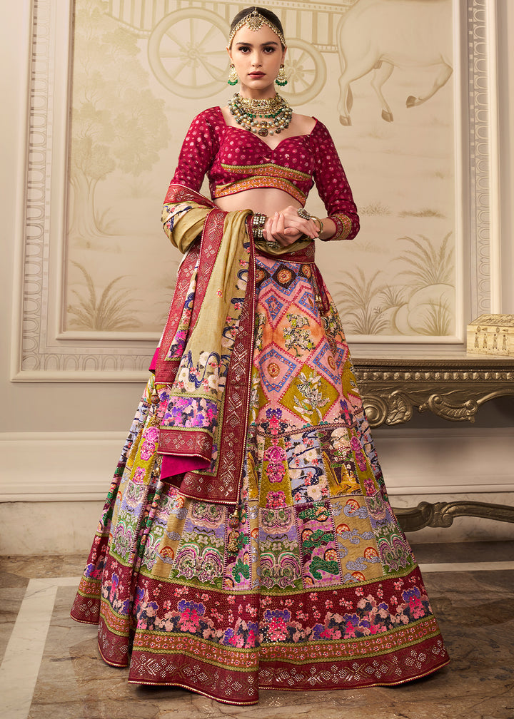 White & Red Intricate Embroidered Lehenga Choli in Banarasi Silk – Bridal Wear