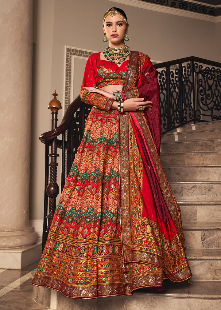 Shades Of Red Intricate Embroidered Lehenga Choli in Banarasi Silk – Bridal Wear