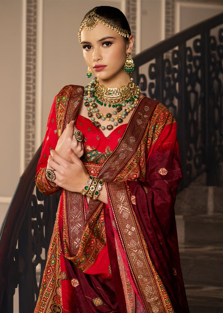 Shades Of Red Intricate Embroidered Lehenga Choli in Banarasi Silk – Bridal Wear