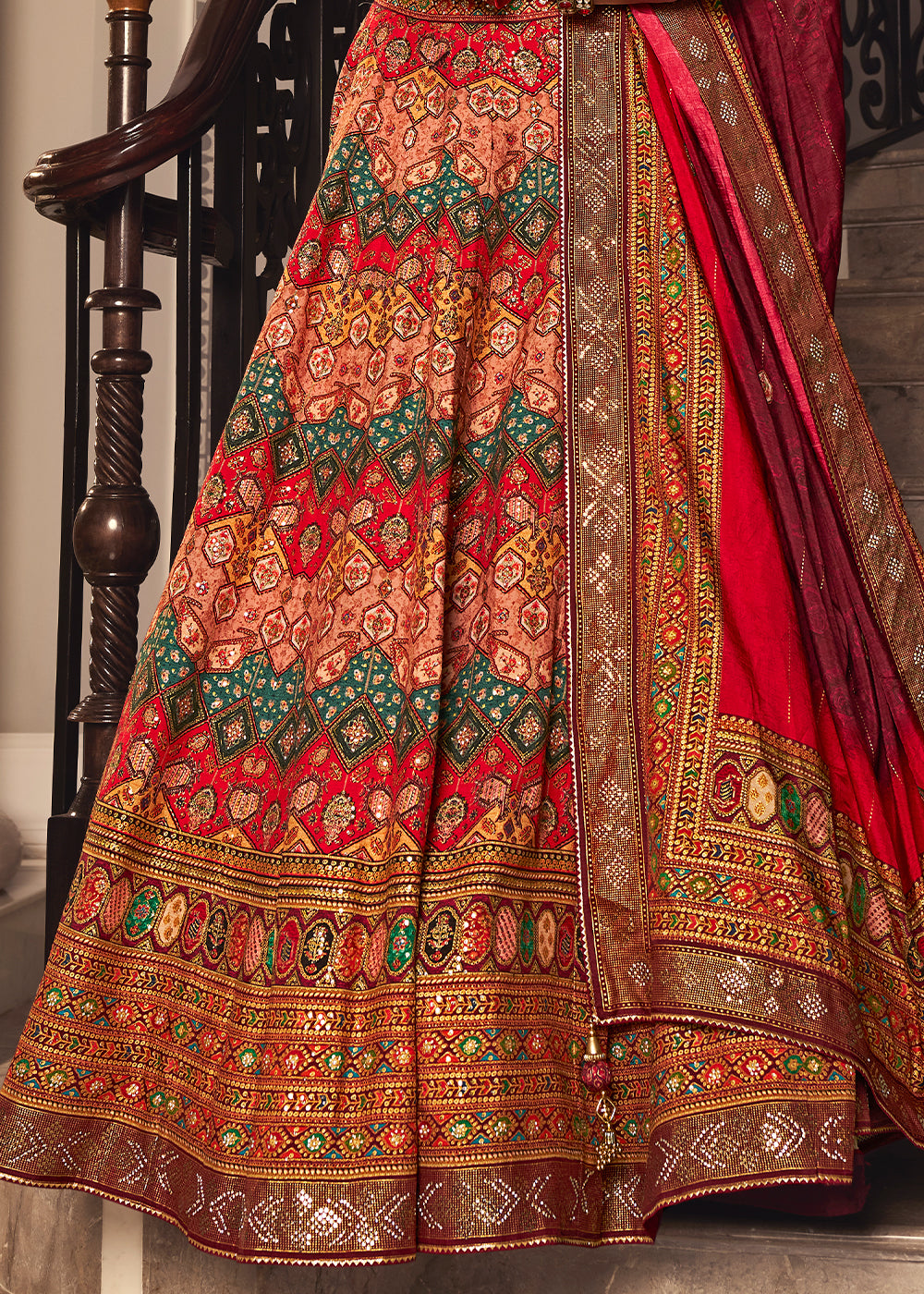 Shades Of Red Intricate Embroidered Lehenga Choli in Banarasi Silk – Bridal Wear