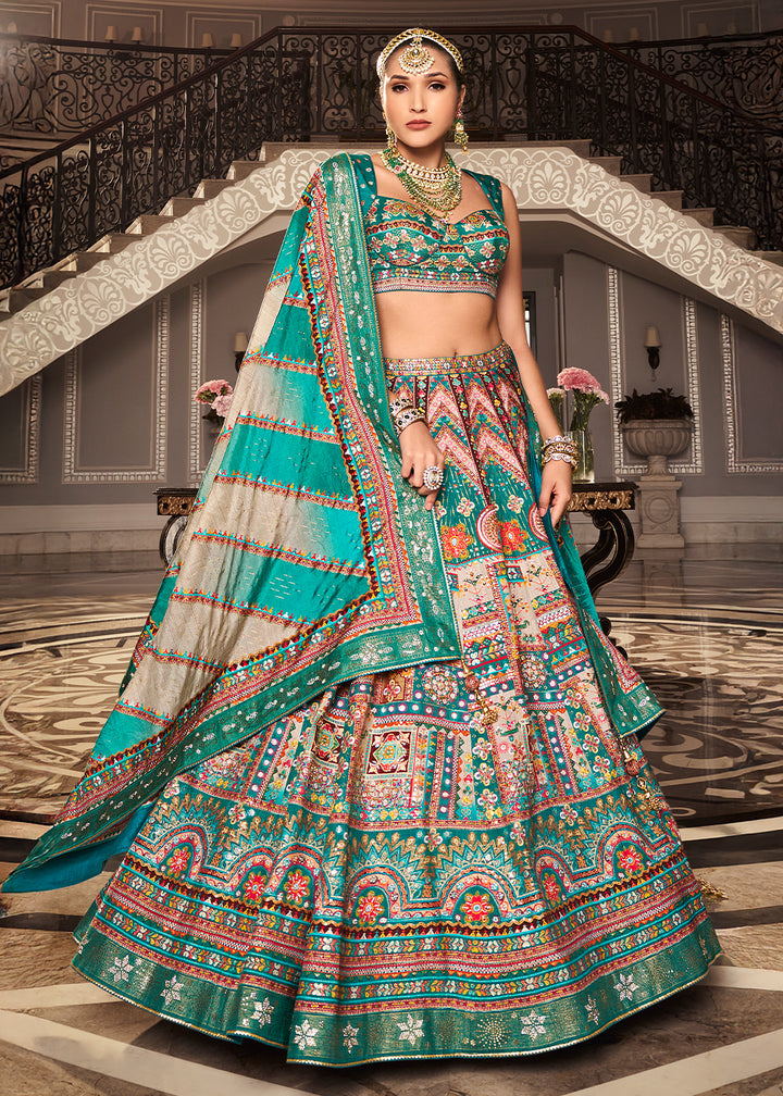 White & Green Intricate Embroidered Lehenga Choli in Banarasi Silk – Bridal Wear