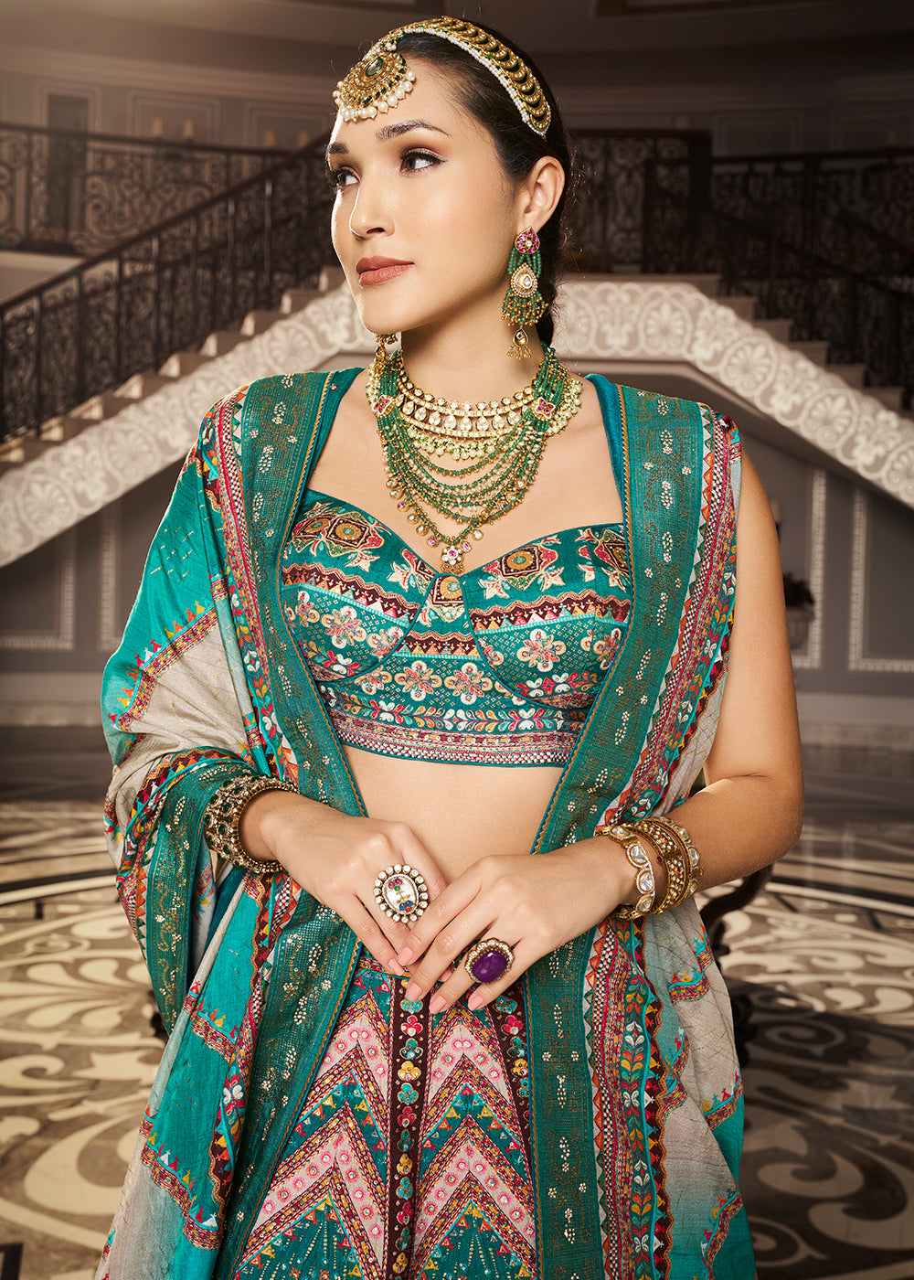 White & Green Intricate Embroidered Lehenga Choli in Banarasi Silk – Bridal Wear