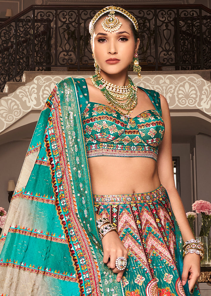 White & Green Intricate Embroidered Lehenga Choli in Banarasi Silk – Bridal Wear