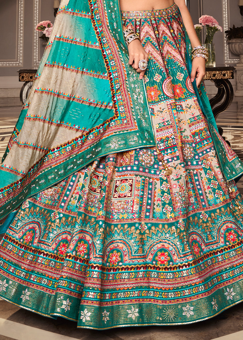 White & Green Intricate Embroidered Lehenga Choli in Banarasi Silk – Bridal Wear