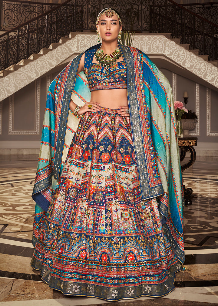 White & Blue Intricate Embroidered Lehenga Choli in Banarasi Silk – Bridal Wear