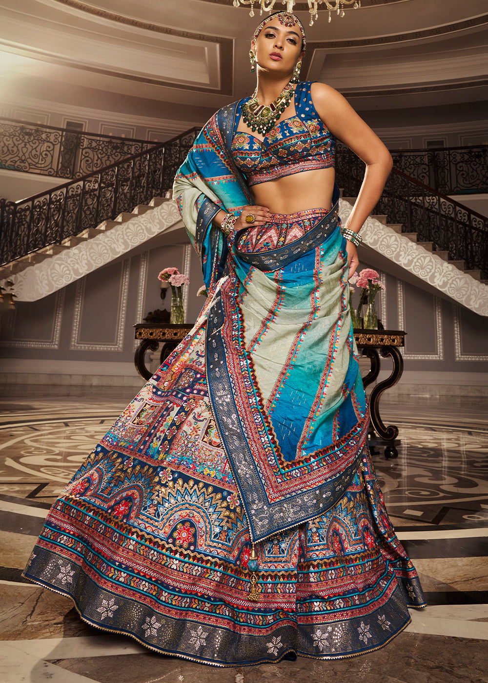 White & Blue Intricate Embroidered Lehenga Choli in Banarasi Silk – Bridal Wear