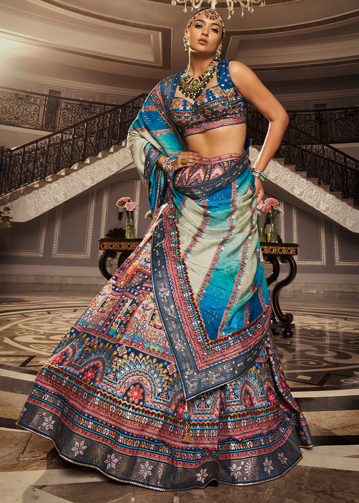 White & Blue Intricate Embroidered Lehenga Choli in Banarasi Silk – Bridal Wear