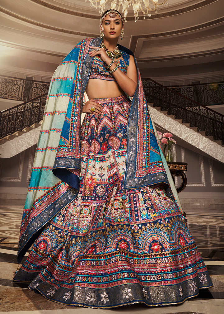 White & Blue Intricate Embroidered Lehenga Choli in Banarasi Silk – Bridal Wear