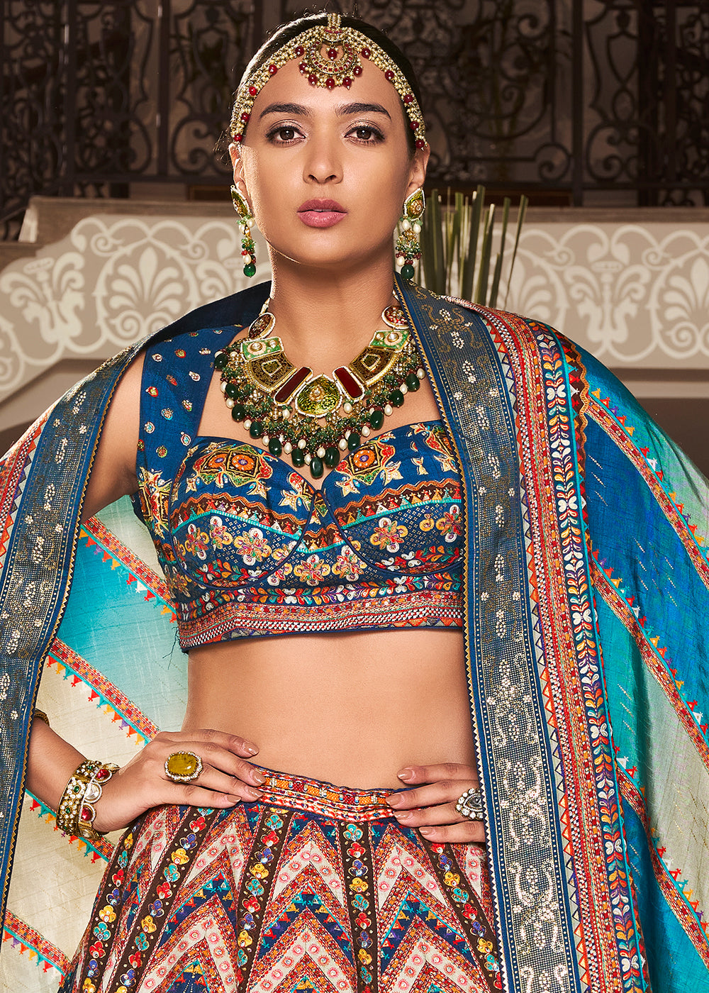 White & Blue Intricate Embroidered Lehenga Choli in Banarasi Silk – Bridal Wear