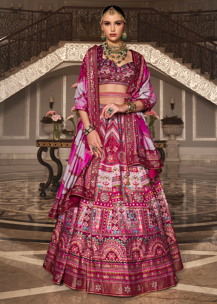 Pink & Purple Intricate Embroidered Lehenga Choli in Banarasi Silk – Bridal Wear