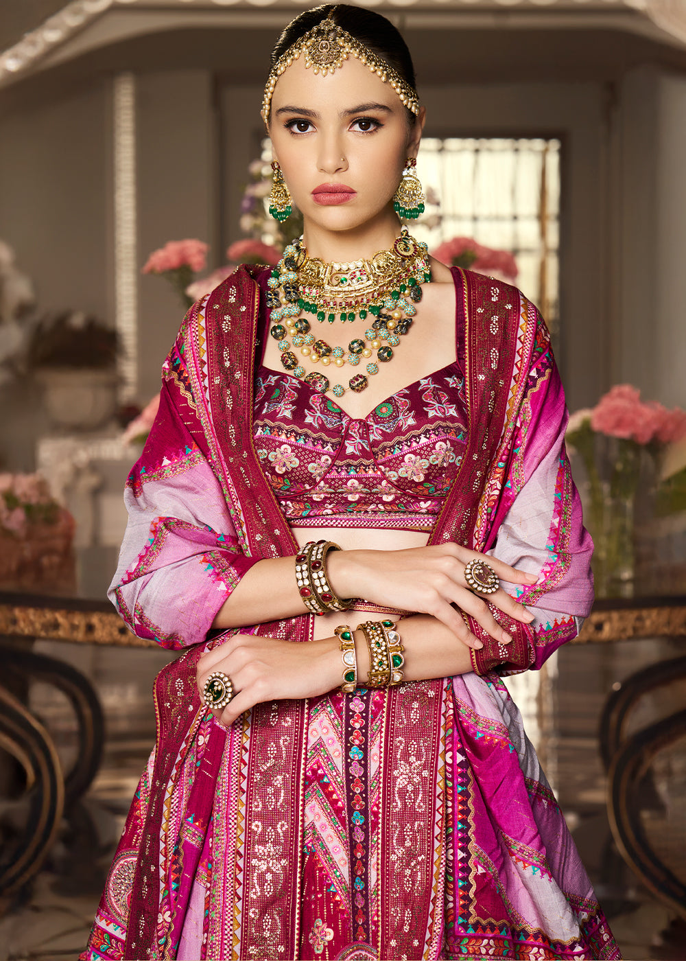 Pink & Purple Intricate Embroidered Lehenga Choli in Banarasi Silk – Bridal Wear