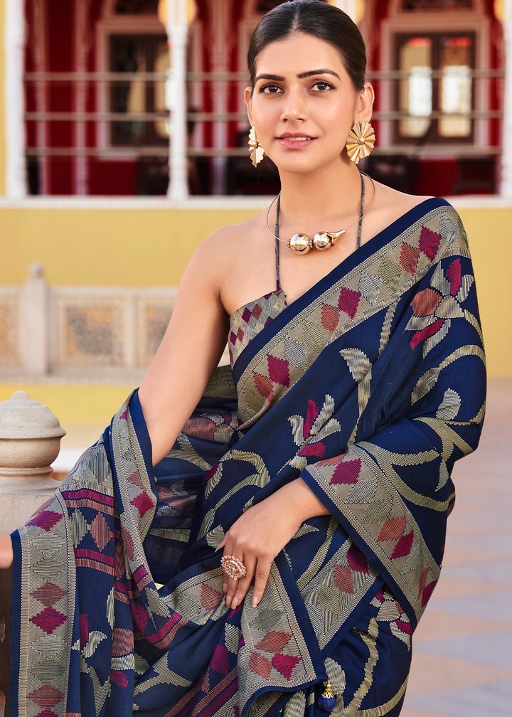 Denim Blue Silk Saree with All-Over Floral Print