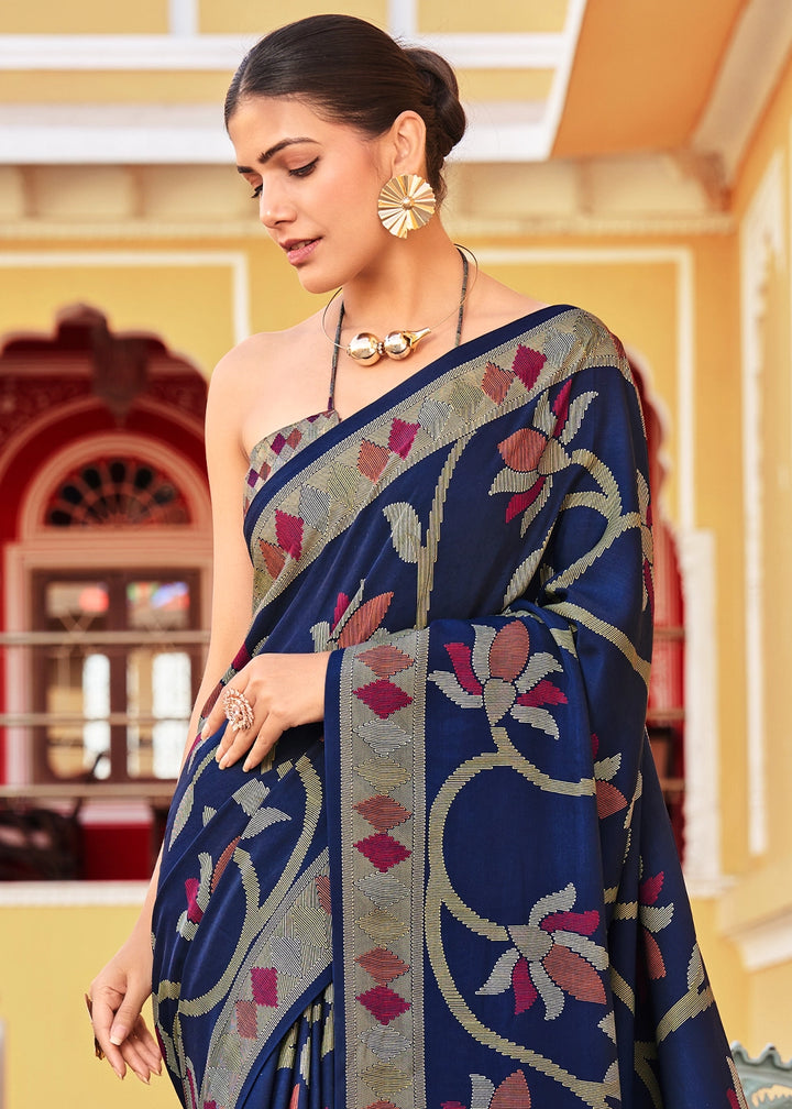 Denim Blue Silk Saree with All-Over Floral Print