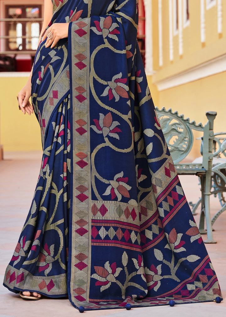 Denim Blue Silk Saree with All-Over Floral Print