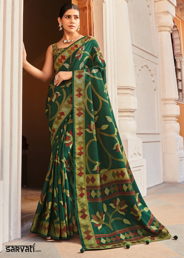 Forest Green Silk Saree with All-Over Floral Print