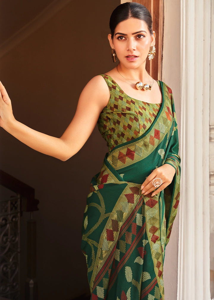 Forest Green Silk Saree with All-Over Floral Print