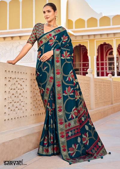 Prussian Blue Silk Saree with All-Over Floral Print