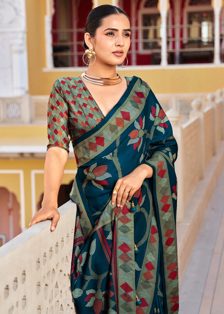 Prussian Blue Silk Saree with All-Over Floral Print