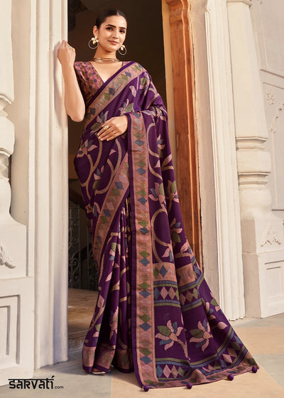 Irish Purple Silk Saree with All-Over Floral Print