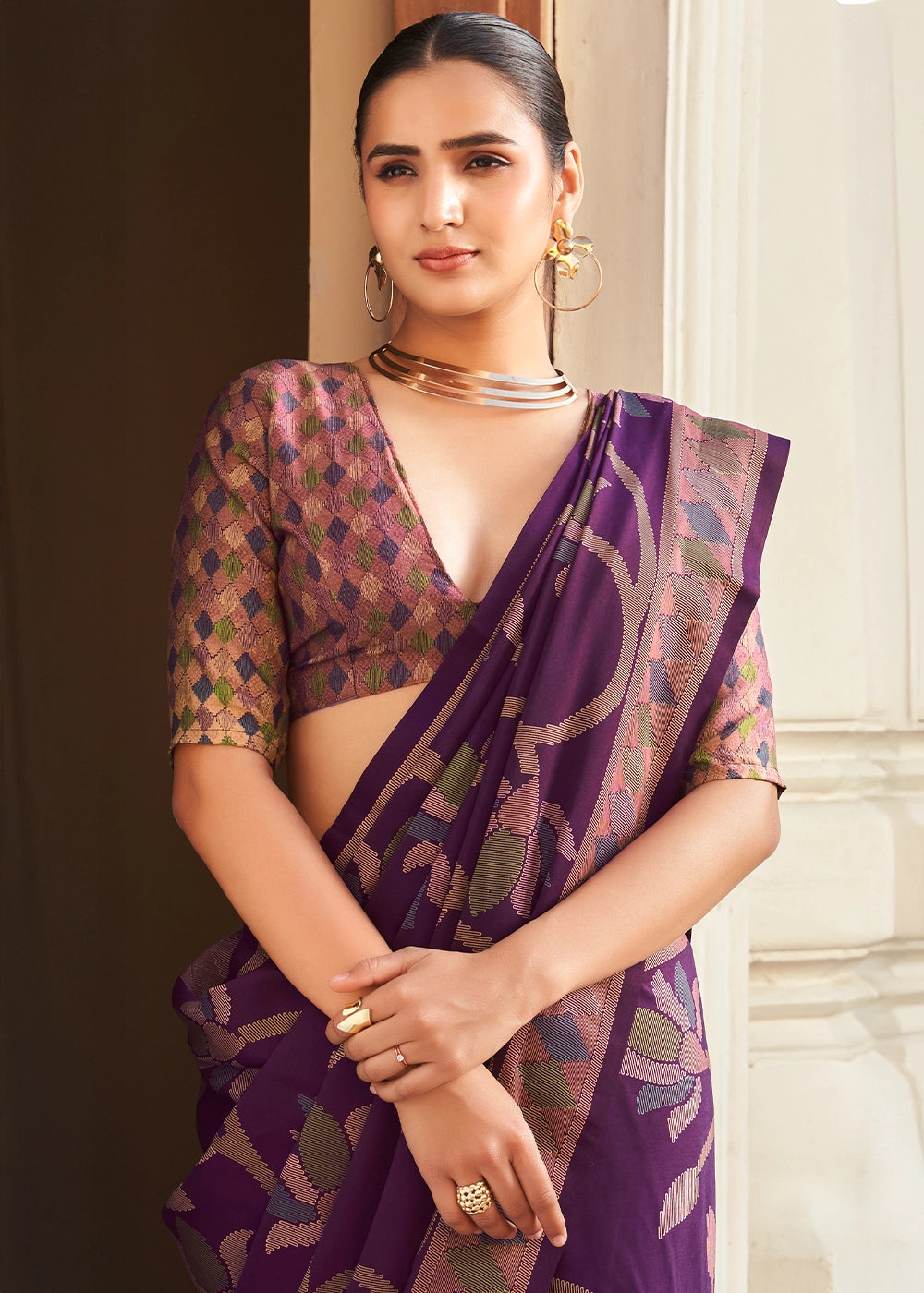 Irish Purple Silk Saree with All-Over Floral Print
