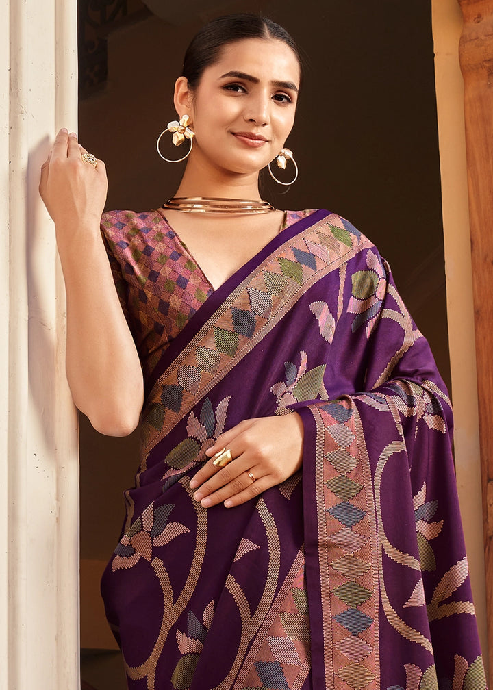 Irish Purple Silk Saree with All-Over Floral Print