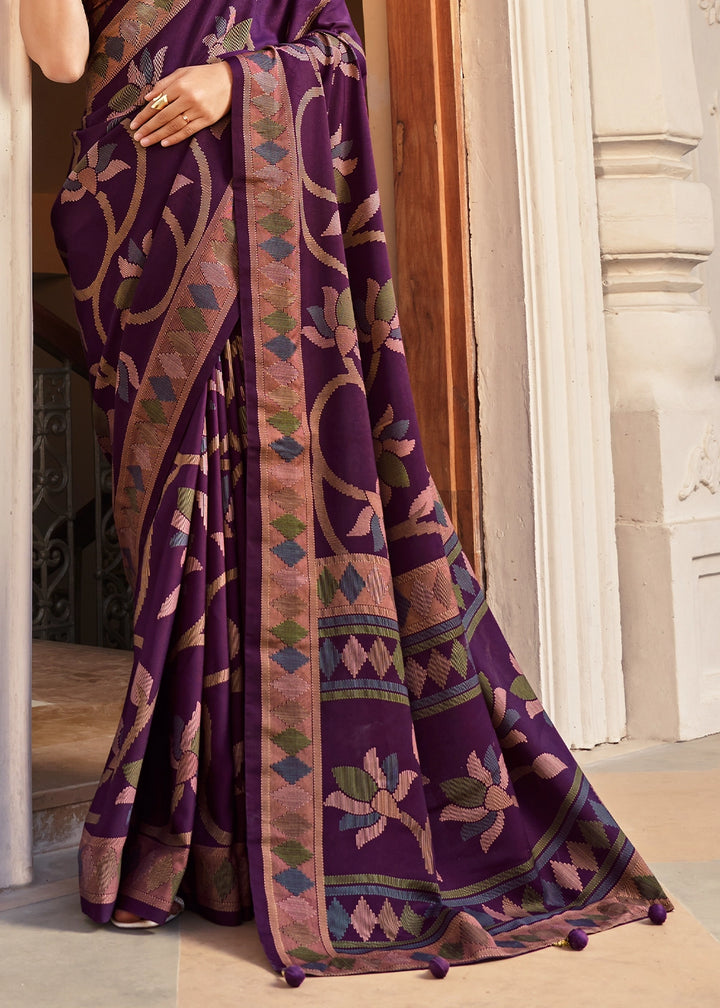Irish Purple Silk Saree with All-Over Floral Print