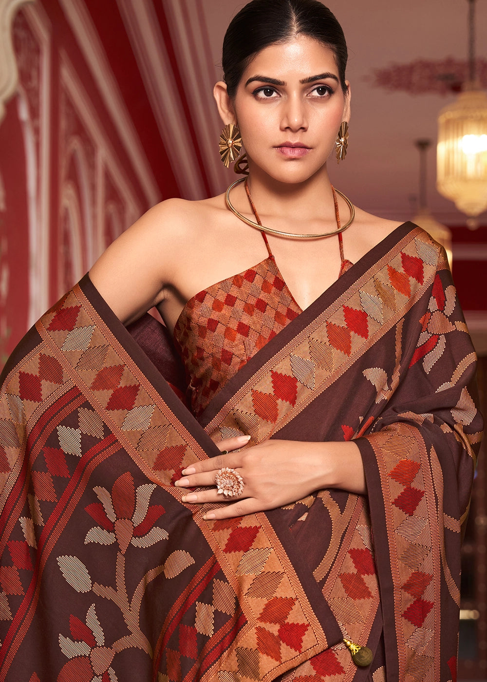 Chocolate Brown Silk Saree with All-Over Floral Print