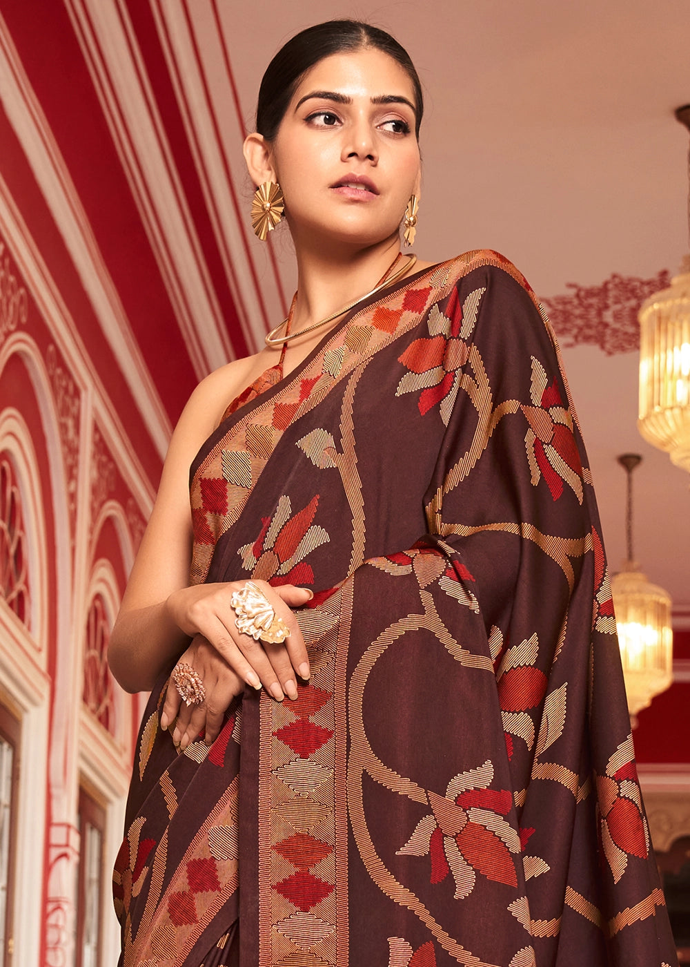 Chocolate Brown Silk Saree with All-Over Floral Print
