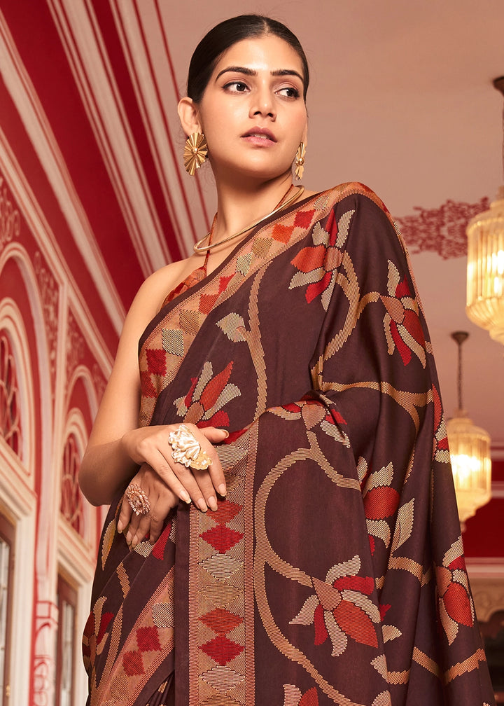 Chocolate Brown Silk Saree with All-Over Floral Print