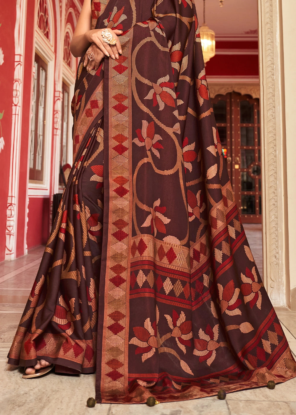 Chocolate Brown Silk Saree with All-Over Floral Print