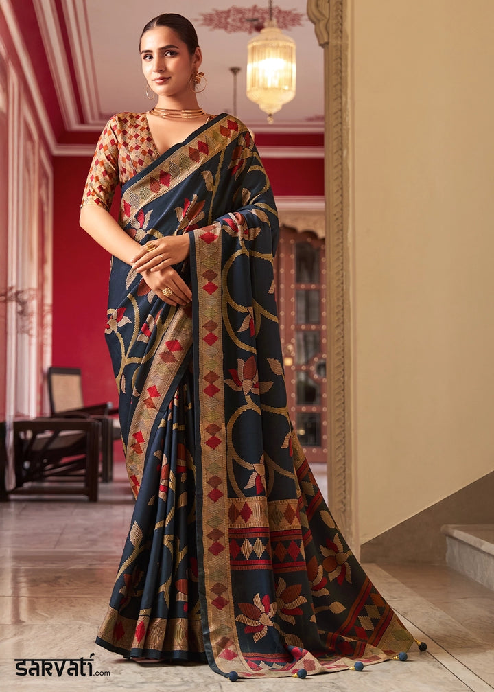 Jade Black Silk Saree with All-Over Floral Print